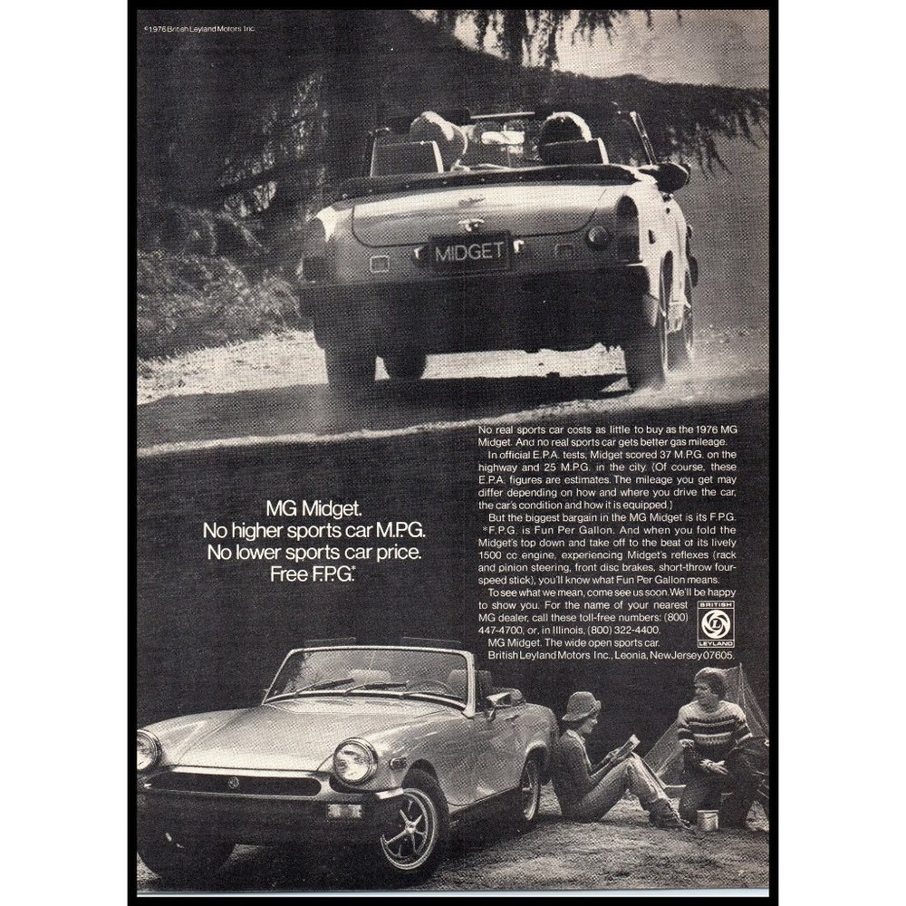 1976 MG Midget Convertible Roadster Vintage Print Ad Nature Camping Wall Art